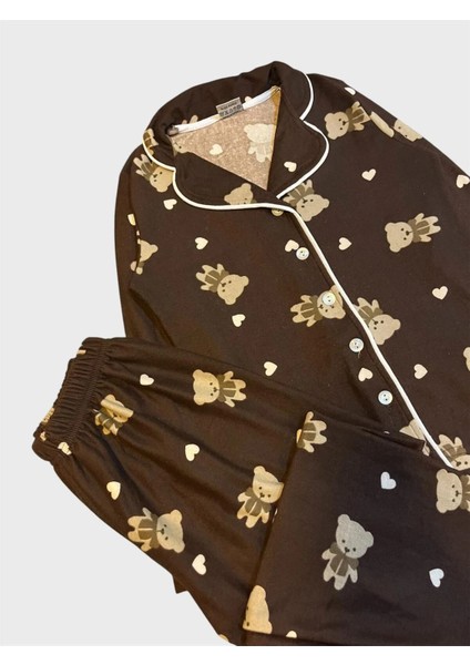 Anne - Kız Pamuklu Süet Kumaş Kahverengi Ayıcık Desenli Gömlek Yaka Düğmeli Pijama Takımı fiyatları