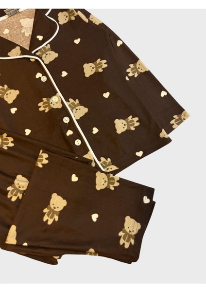 Anne - Kız Pamuklu Süet Kumaş Kahverengi Ayıcık Desenli Gömlek Yaka Düğmeli Pijama Takımı modelleri