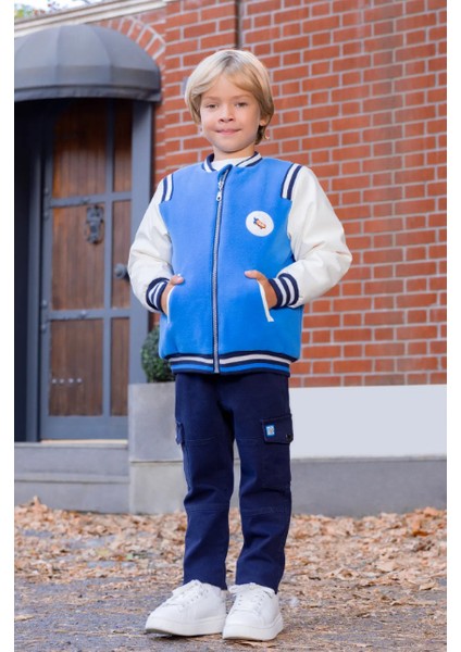 Erkek Çocuk Arma Nakışlı Kolları Suni Deri Kaşe Kolej Ceket MNT25E201