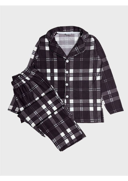 Baba-Oğul Pamuklu Süet Kumaş Kahverengi Ekose Desenli Gömlek Yaka Düğmeli Pijama Takımı