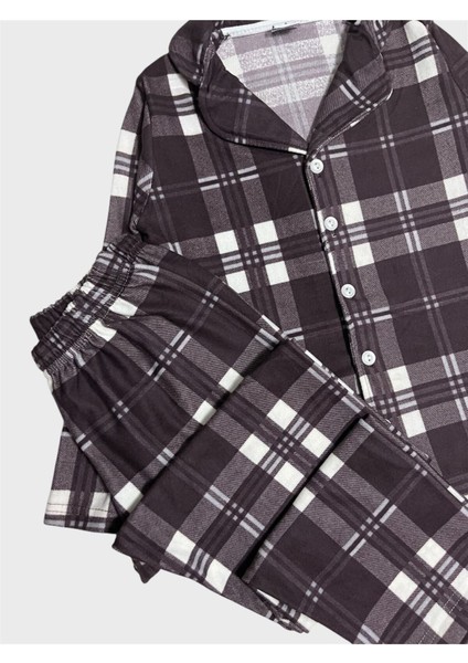 Baba-Oğul Pamuklu Süet Kumaş Kahverengi Ekose Desenli Gömlek Yaka Düğmeli Pijama Takımı modelleri