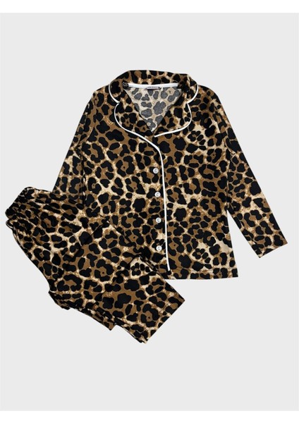 Anne -Kız Pamuklu Süet Kumaş Kahverengi Leopar Desenli Gömlek Yaka Düğmeli Uzun Kollu Pijama Takımı