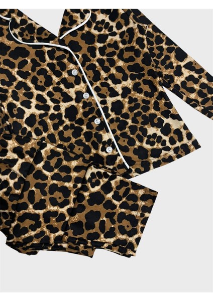 Anne -Kız Pamuklu Süet Kumaş Kahverengi Leopar Desenli Gömlek Yaka Düğmeli Uzun Kollu Pijama Takımı fiyatları