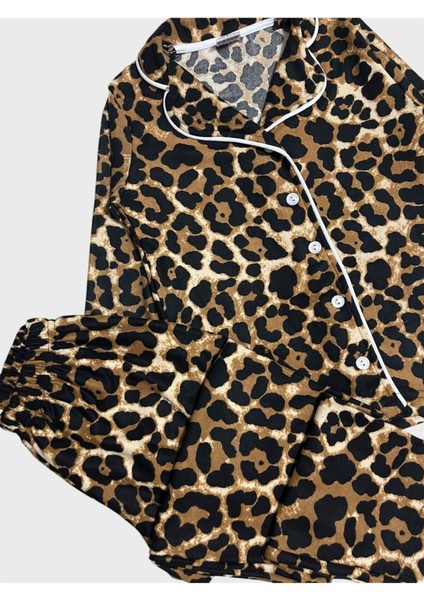 Anne -Kız Pamuklu Süet Kumaş Kahverengi Leopar Desenli Gömlek Yaka Düğmeli Uzun Kollu Pijama Takımı modelleri