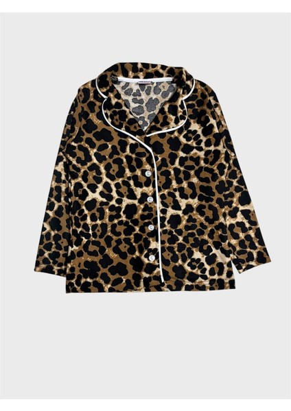 Anne -Kız Pamuklu Süet Kumaş Kahverengi Leopar Desenli Gömlek Yaka Düğmeli Uzun Kollu Pijama Takımı fırsatları