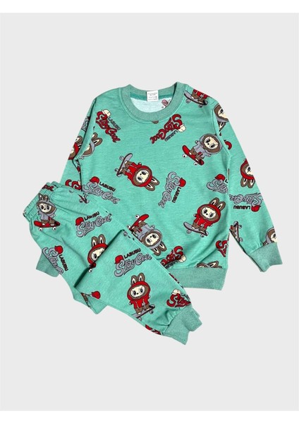 Kız Çocuk Pamuklu Yeşil Labubu Desenli Uzun Kollu Mevsimlik Pijama Takımı