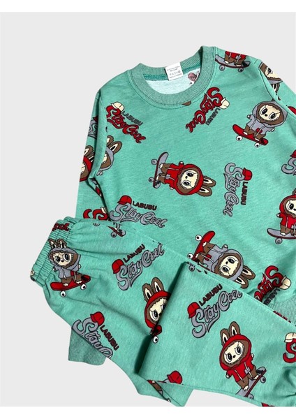 Kız Çocuk Pamuklu Yeşil Labubu Desenli Uzun Kollu Mevsimlik Pijama Takımı modelleri