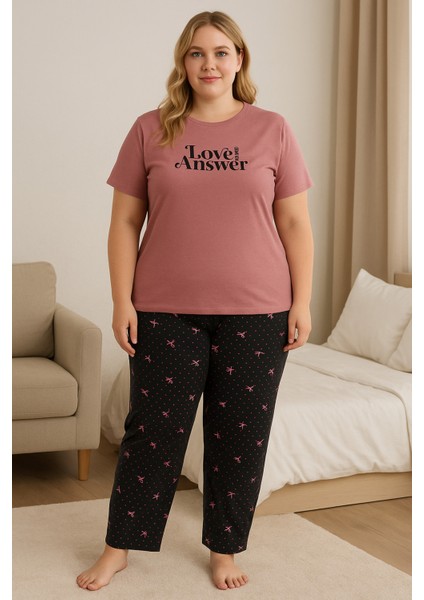 Büyük Beden Pijama Takımı Pembe Baskılı Lo-Ans