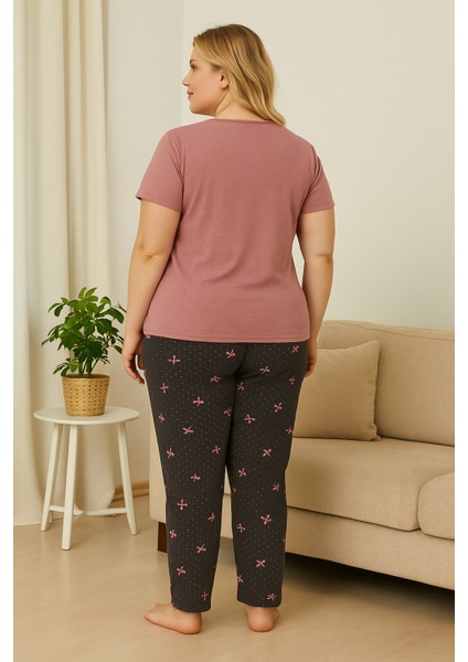 Büyük Beden Pijama Takımı Pembe Baskılı Lo-Ans modelleri