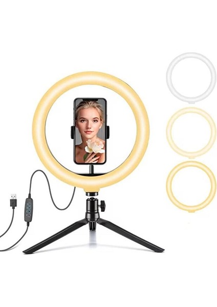 LED Ring Light Vlog/canlı Yayın Halka Işık – Tripodlu, Telefon Tutuculu, 3 Renk Modu, USB Kontrollü Masaüstü Set