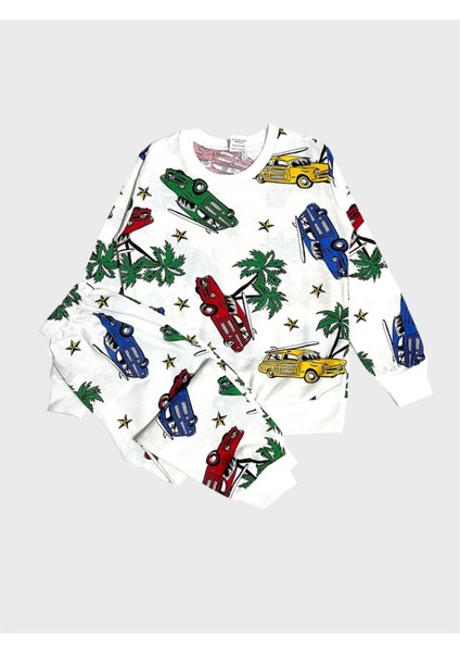 Erkek Çocuk Pamuklu Beyaz Araba Palmiye Desenli Uzun Kollu Mevsimlik Pijama Takımı