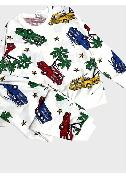 Erkek Çocuk Pamuklu Beyaz Araba Palmiye Desenli Uzun Kollu Mevsimlik Pijama Takımı fiyatları