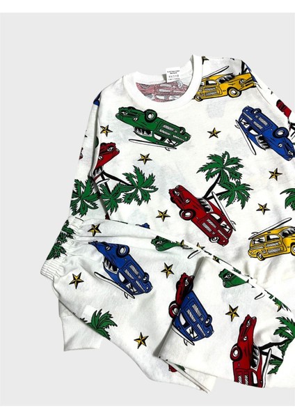 Erkek Çocuk Pamuklu Beyaz Araba Palmiye Desenli Uzun Kollu Mevsimlik Pijama Takımı modelleri