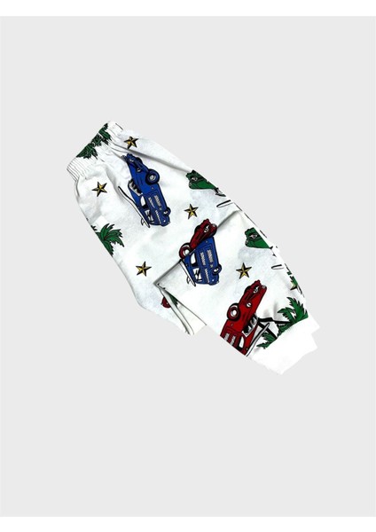 Erkek Çocuk Pamuklu Beyaz Araba Palmiye Desenli Uzun Kollu Mevsimlik Pijama Takımı fırsatları