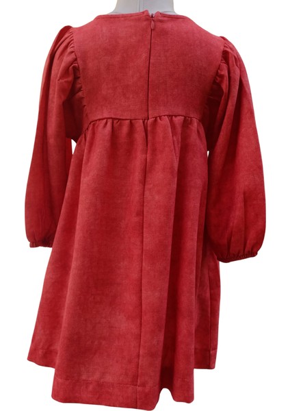 Kız Çocuk Elbise Nar Çiçeği Kırmızı Dokuma Balon Kol Şık Tasarım indirimleri