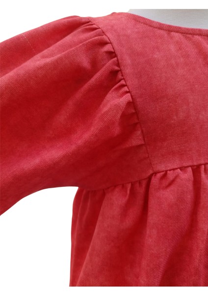 Kız Çocuk Elbise Nar Çiçeği Kırmızı Dokuma Balon Kol Şık Tasarım