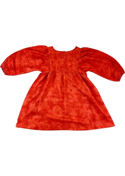 Kız Çocuk Elbise Nar Çiçeği Kırmızı Dokuma Balon Kol Şık Tasarım