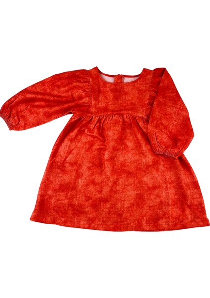 Kız Çocuk Elbise Nar Çiçeği Kırmızı Dokuma Balon Kol Şık Tasarım