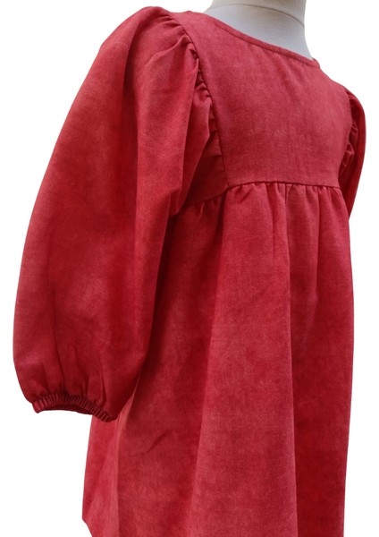 Kız Çocuk Elbise Nar Çiçeği Kırmızı Dokuma Balon Kol Şık Tasarım