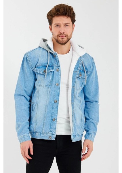 Içi Kürklü Kapüşonlu Kot Mont Buz Mavi indirimleri