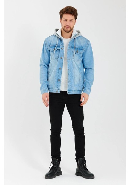 Içi Kürklü Kapüşonlu Kot Mont Buz Mavi