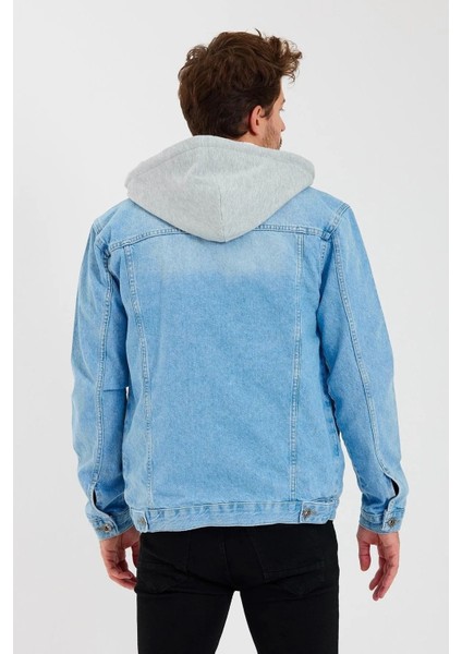 Içi Kürklü Kapüşonlu Kot Mont Buz Mavi