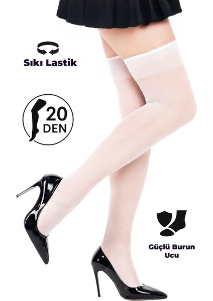 Beyaz Diz Üstü Jartiyer Çorap, Burun Takviyeli Dayanıklı Esnek Beyaz Kadın Çorabı, 20 Den