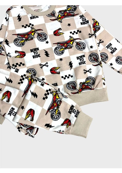 Erkek Çocuk Pamuklu Bej Rengi Motor Desenli Uzun Kollu Mevsimlik Pijama Takımı fiyatları