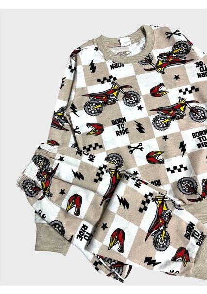 Erkek Çocuk Pamuklu Bej Rengi Motor Desenli Uzun Kollu Mevsimlik Pijama Takımı modelleri
