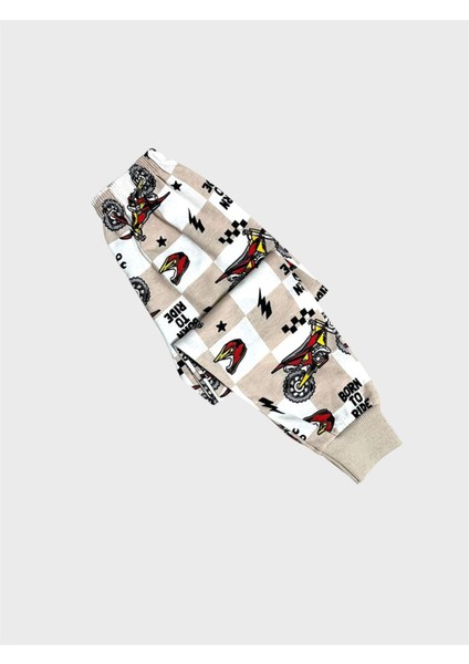 Erkek Çocuk Pamuklu Bej Rengi Motor Desenli Uzun Kollu Mevsimlik Pijama Takımı indirimleri
