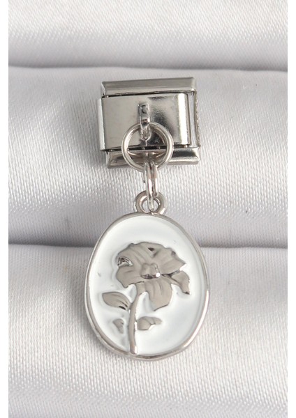 316L Çelik Gümüş Renk Çiçek Işlemeli Beyaz Portre Model Nomination Charm - PRT3500EB04625