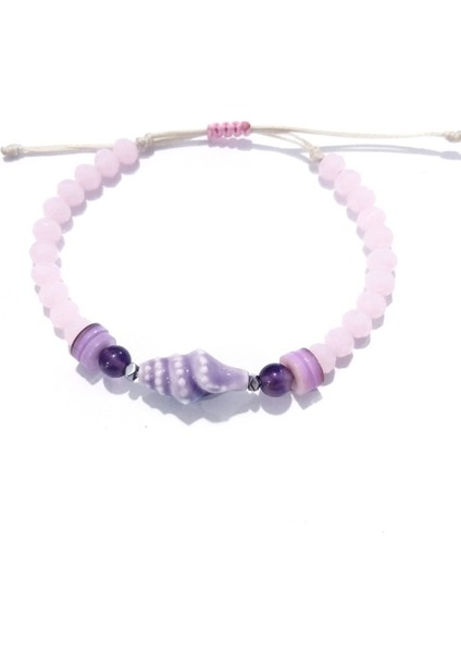 Seramik Deniz Kabuklu Sedef Ametist ve Hematit Doğaltaşlı Pembe Kristal Boncuklu Bileklik modelleri