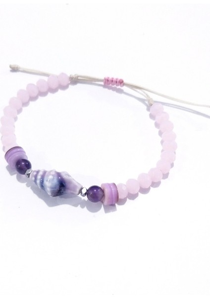 Seramik Deniz Kabuklu Sedef Ametist ve Hematit Doğaltaşlı Pembe Kristal Boncuklu Bileklik indirimleri