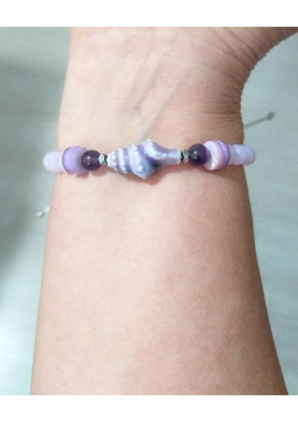 Seramik Deniz Kabuklu Sedef Ametist ve Hematit Doğaltaşlı Pembe Kristal Boncuklu Bileklik