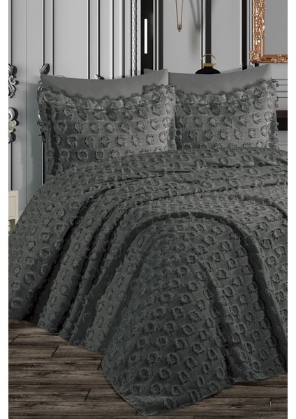 Malina Ponpon 3 Parça Çift Kişilik Pike Takımı Antrasit