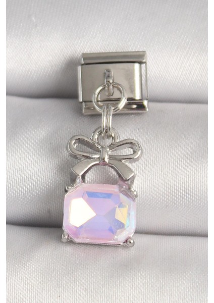 316L Çelik Gümüş Renk Pembe Zirkon Taşlı Çanta Model Nomination Charm - PRT3500EB04712