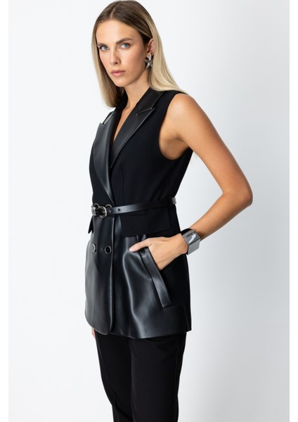 Kadın Beli Kemerli Deri Detaylı Yelek 5089 Siyah fiyatları