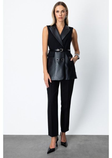 Kadın Beli Kemerli Deri Detaylı Yelek 5089 Siyah modelleri