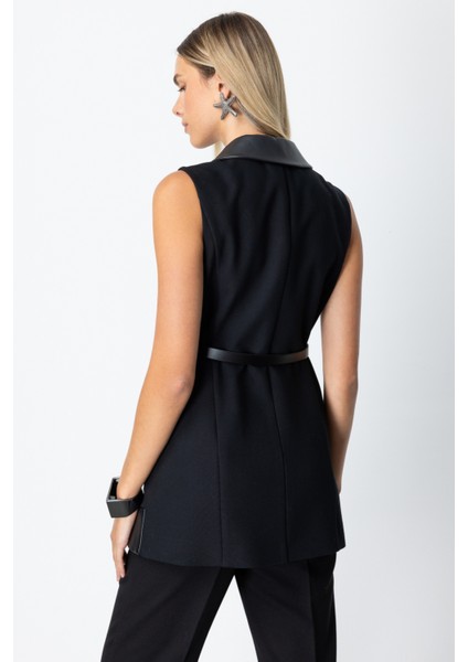Kadın Beli Kemerli Deri Detaylı Yelek 5089 Siyah fırsatları