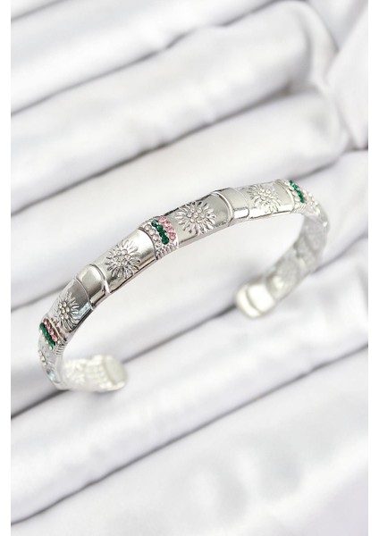Pirinç Karışık Zirkon Taşlı Çiçek Model Gümüş Renk Altı Açık Kadın Bileklik - PRT3500EB06922