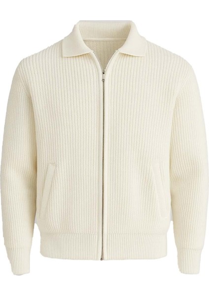 Coppola Selanik Örgü Polo Yaka Cepli Fermuarlı Rahat Kalıp Erkek Triko Hırka - Ekru