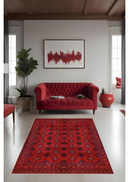 Dijital Baskı Klasik Desenli Kırmızı Çerçeveli Dekoratif Makinada Yıkanabilir Salon ve Yolluk Halısı