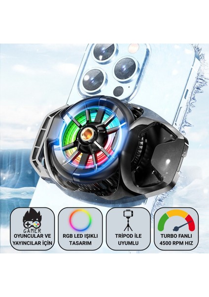 Oyuncular ve Yayıncılar Için Telefon Soğutucu | Rgb LED Işıklı Tasarım | 4500 Rpm Turbo Fan | Tripod Uyumlu Sessiz Soğutma