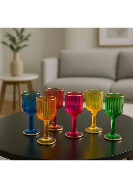 6 Lı Cam Yaldızlı Renkli Kahve Yanı Su Bardağı Kadeh Kupa Bardak 75ML