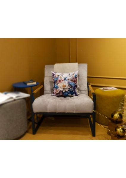 İçi Dolu Krep Örgü Üzerine Dijital Baskılı Kırlent 45x43 cm | Çiçekli Kuş Desenli Dekoratif Yastık