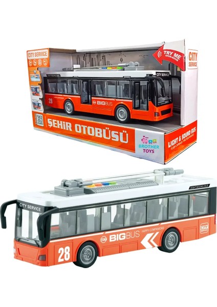 Şehir Otobüsü Ön ve Orta Kapısı Açılabilen Sesli Işıklı Oyuncak Troleybüs Otobüs 29 cm