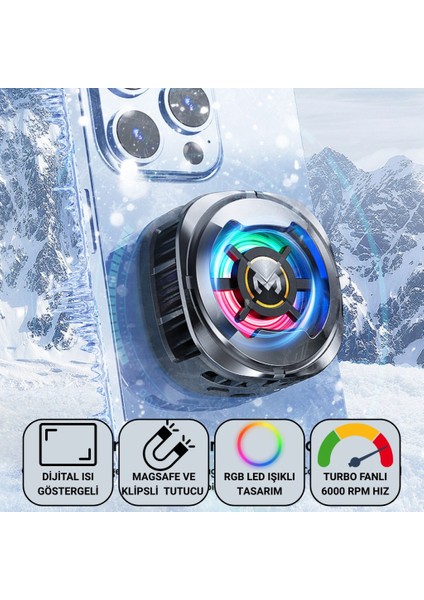 Magsafe Uyumlu Telefon Soğutucu – Dijital Isı Göstergeli, Rgb LED Işıklı, Turbo Fanlı 6000 Rpm, Klipsli Tutucu