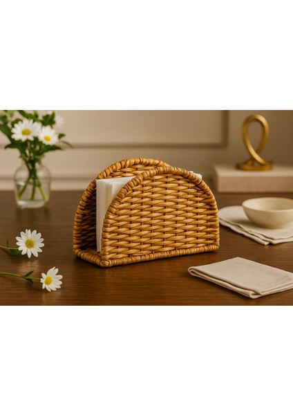 Hasır Rattan Peçetelik Saklama Kutusu Organizer Yuvarlak