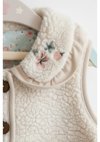 Kız Çocuk Krem Peluş Cepli Düğmeli Yelek – Nakışlı Yaka Detaylı fiyatları