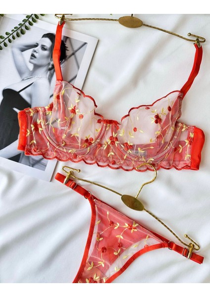 Kadın Turuncu Nakış Işlemeli Transparan Iç Çamaşır Takımı